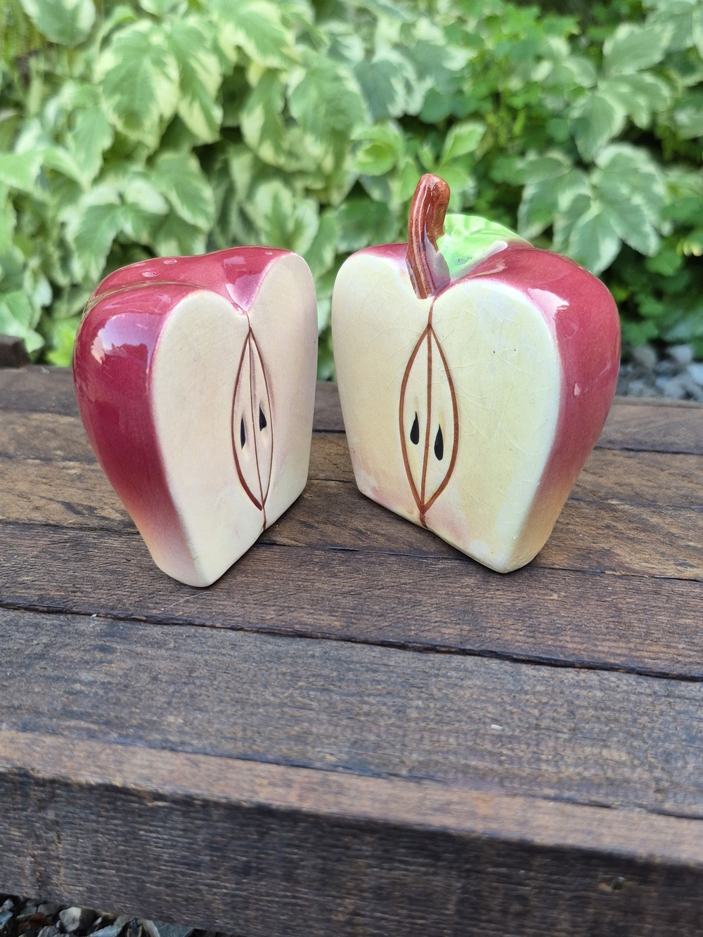 Vintage Ceramic Split Apple Salt & Pepper Shakers Set • Pristine Condition